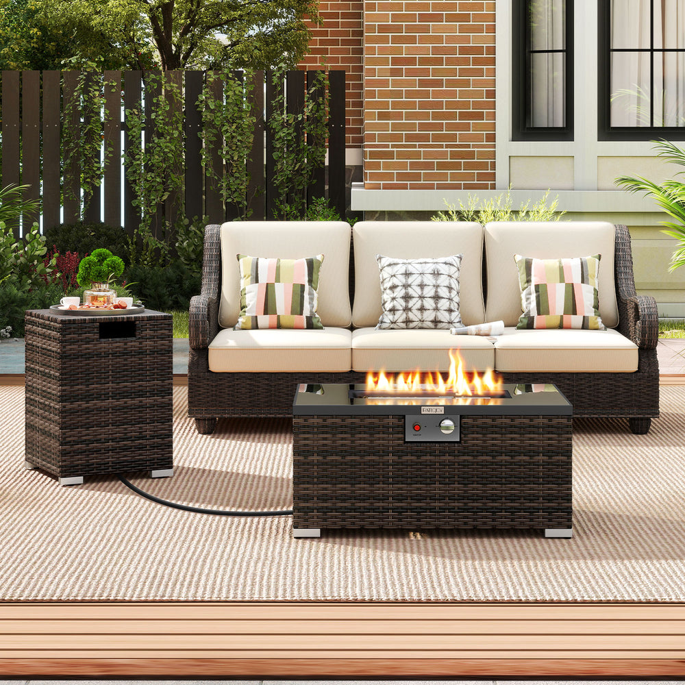 2-Piece Outdoor Rattan Fire Table Set 32 Inch Rectangle Gas Firepit with Tank Cover-Brown - Gallery View 1 of 11