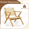 Teak wood patio chair with webbing seat and backrest, featuring a slanted backrest and wide armrests for comfort.