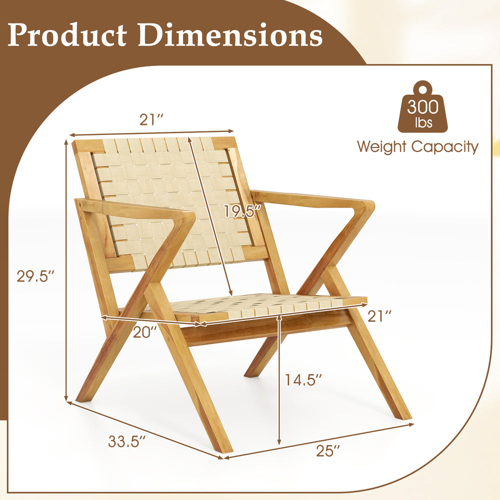 Teak wood patio chair with webbing seat and backrest, featuring a slanted backrest and wide armrests for comfort.