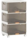 Three-cube stackable storage bin with detachable wheels, featuring front and top openings for easy access and mobility.