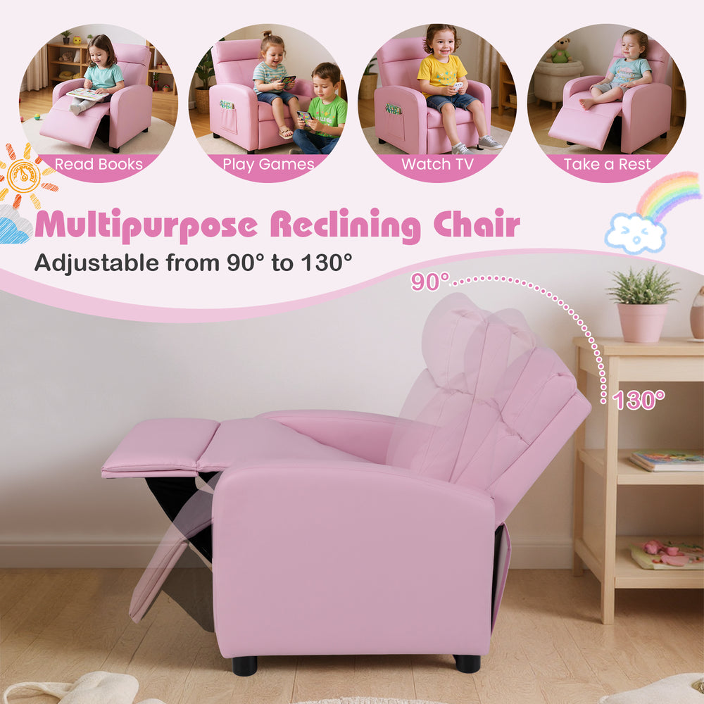 Pink ergonomic kids recliner chair with adjustable backrest, high-density sponge padding, and side pocket for toys.