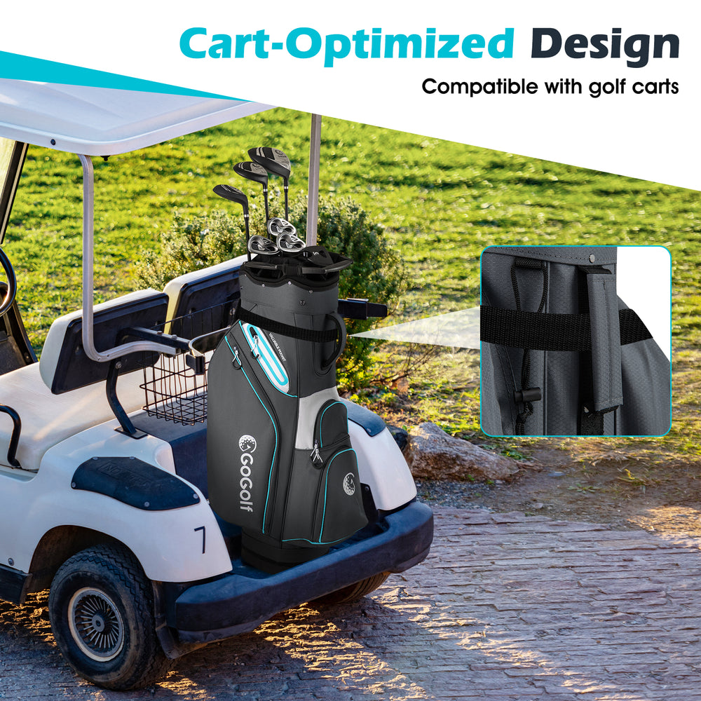 Lightweight gray golf cart bag with 14-way dividers, 6 pockets, and cooler pocket, designed for easy transport on golf.