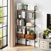 5-tier ladder bookcase in rustic brown with metal frame, featuring shelves and drawers for stylish storage in home.