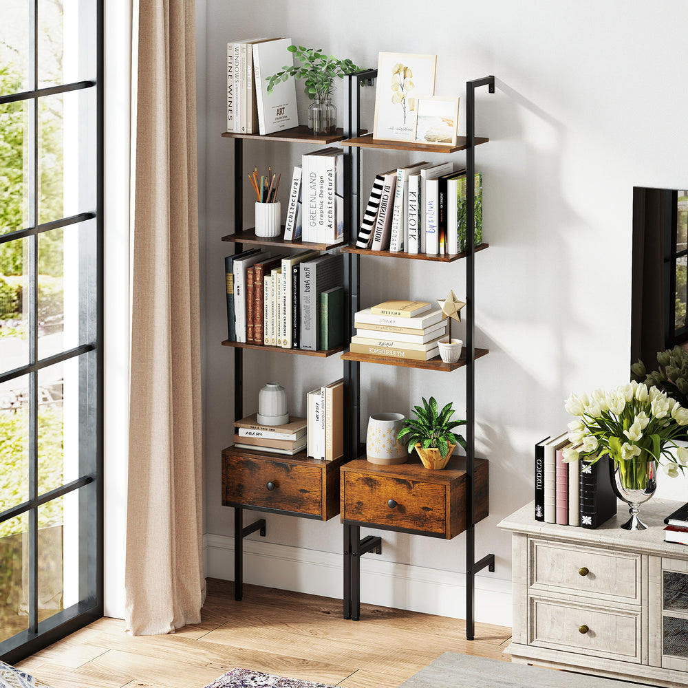 5-tier ladder bookcase in rustic brown with metal frame, featuring shelves and drawers for stylish storage in home.