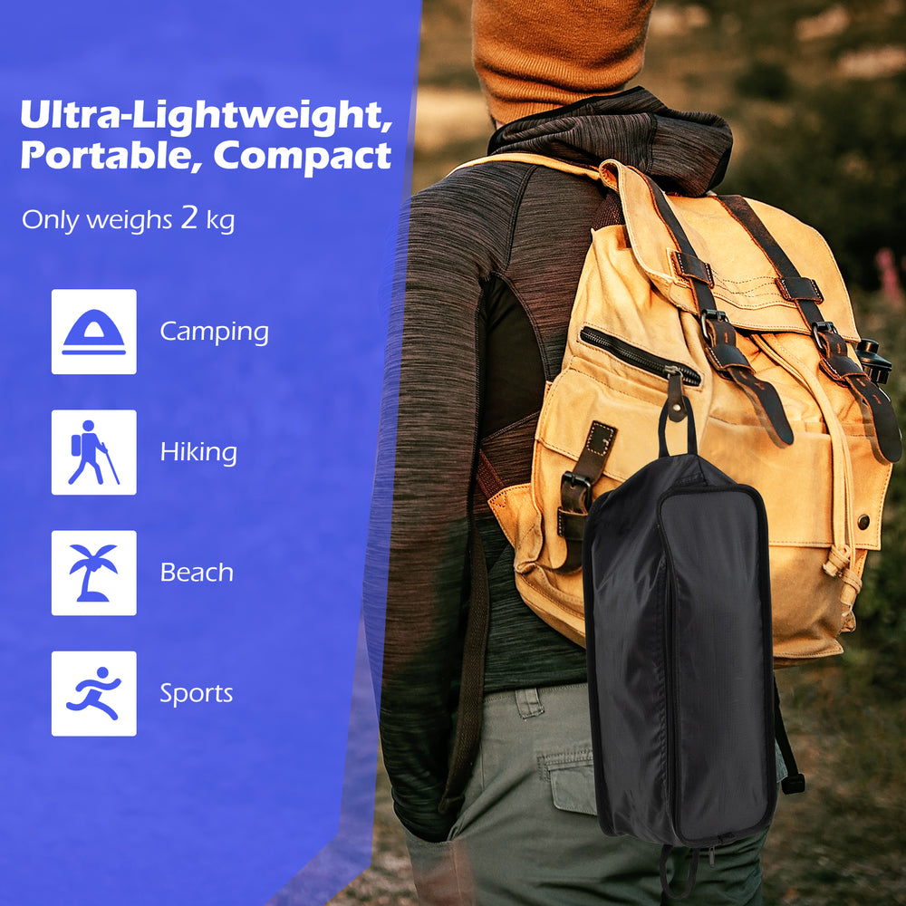 High back portable camping chair in black with compact carry bag, ideal for camping, hiking, and outdoor activities.