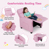 Kids pink recliner lounge sofa with adjustable backrest and footrest, high-density sponge padding for comfort.
