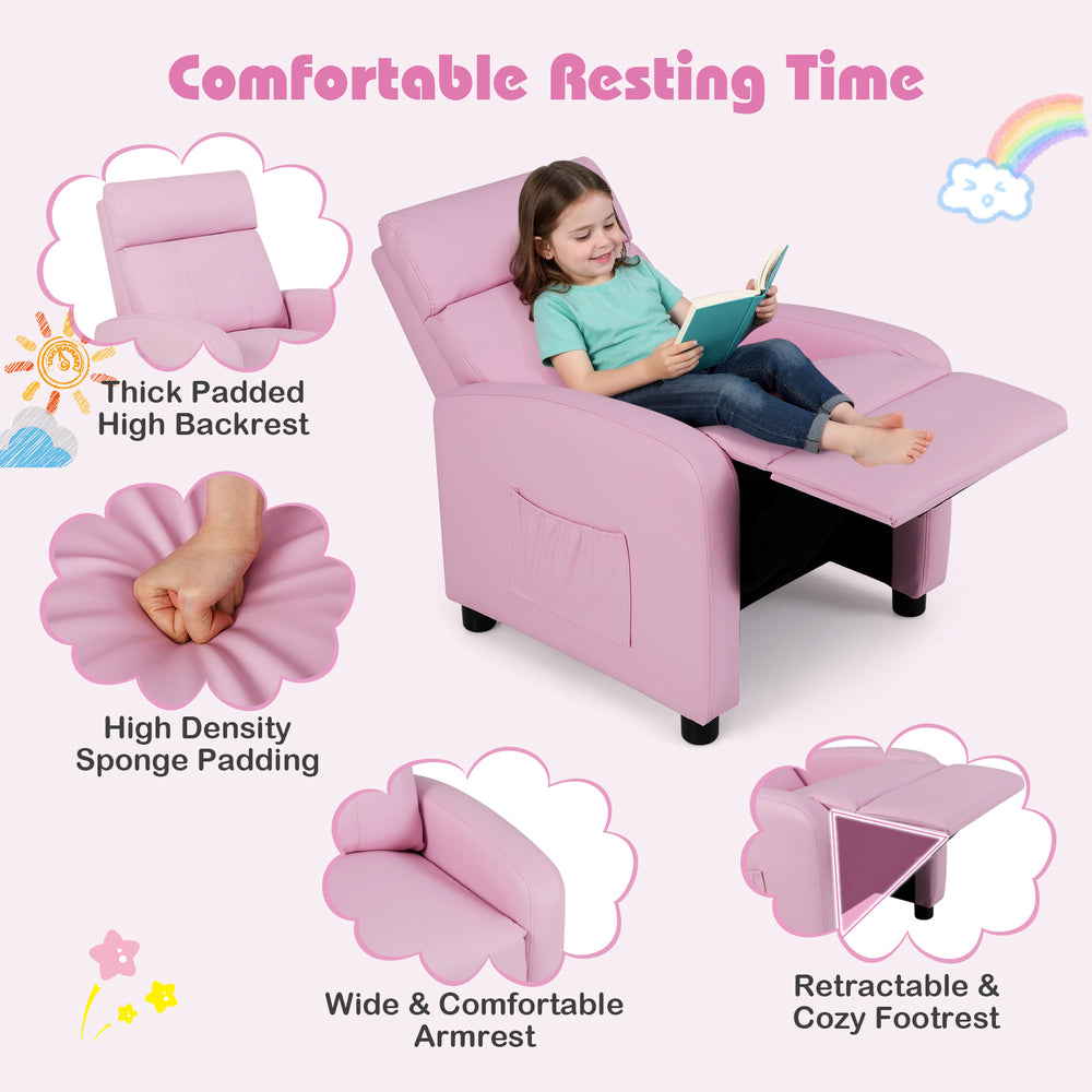 Kids pink recliner lounge sofa with adjustable backrest and footrest, high-density sponge padding for comfort.