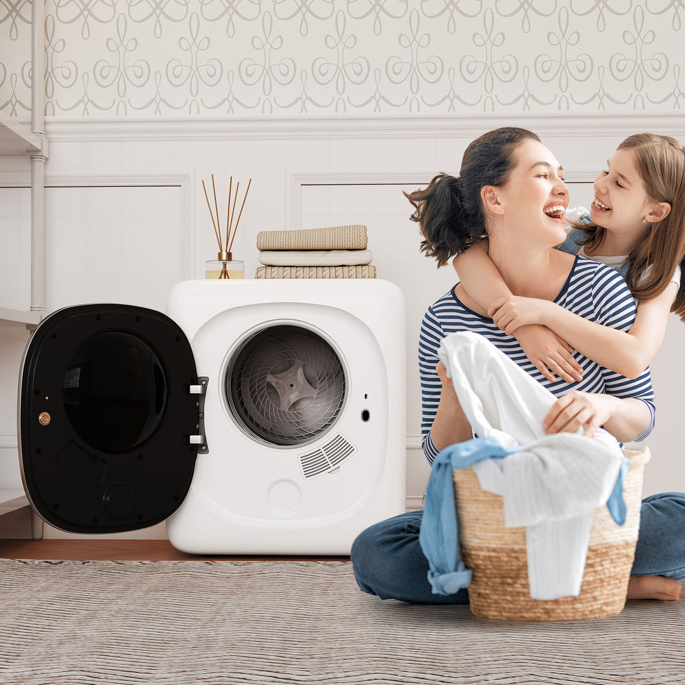Portable clothes dryer with a compact design, 1.5 cu.ft capacity, and LED touch panel for efficient laundry drying.