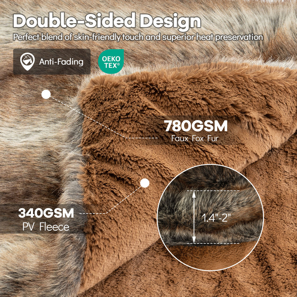 Close-up of the 780GSM soft plush faux fox fur blanket, showcasing double-sided design and rich brown color for cozy.