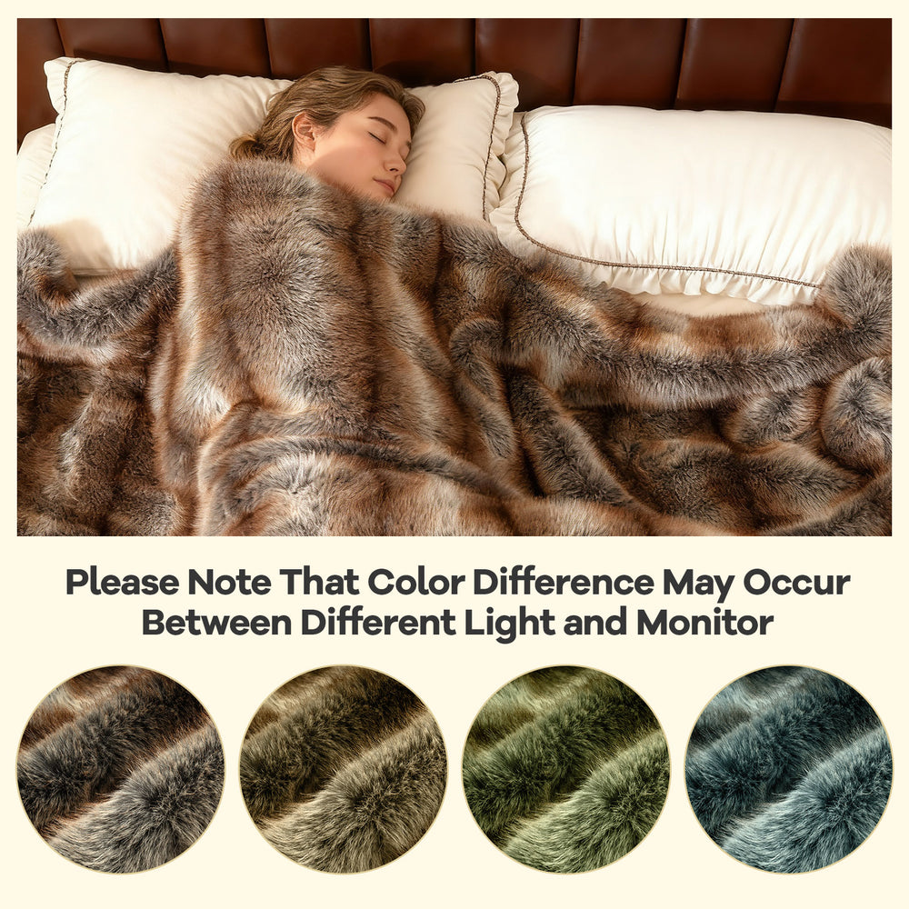 Soft plush fuzzy luxury faux fox fur blanket in brown, double-sided design for cozy warmth on sofas and beds.