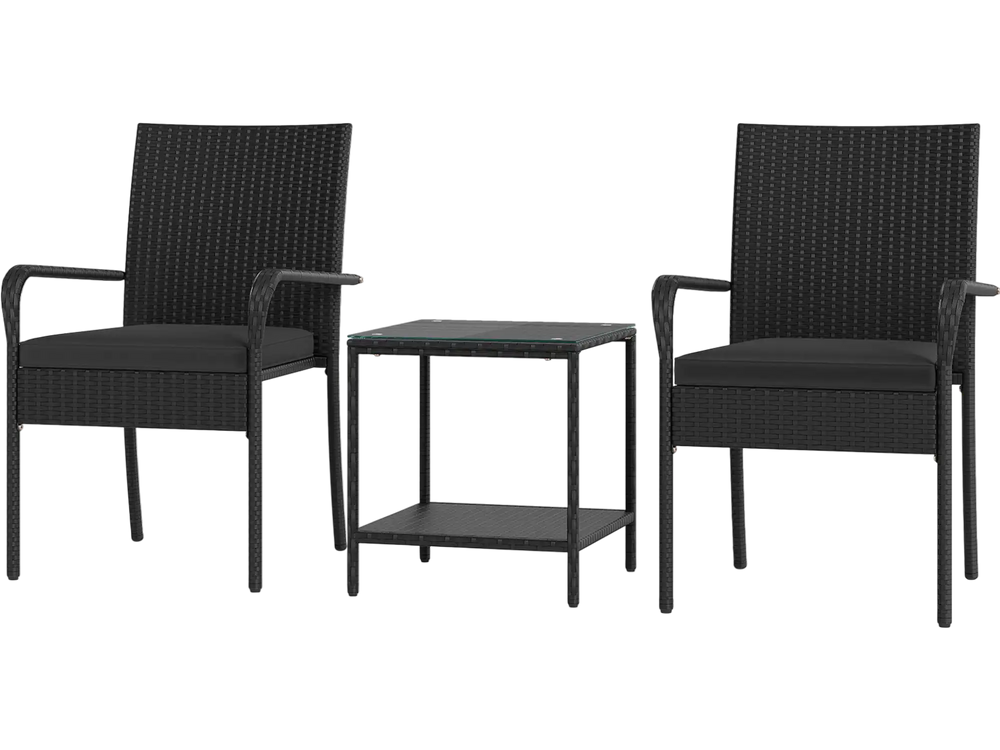 Two black PE rattan chairs with cushions and a tempered glass side table, perfect for backyard or patio relaxation.