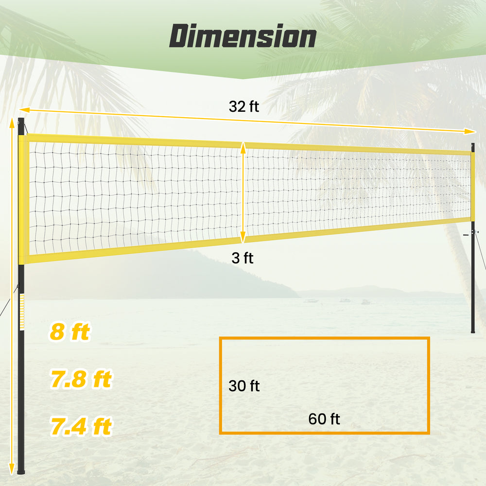 Portable outdoor volleyball net set with adjustable height, featuring a robust yellow net and anti-sag winch system.