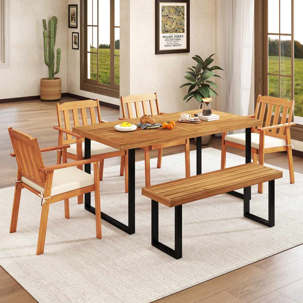 Acacia wood dining table for 6 with slatted top, sturdy metal frame, ideal for outdoor dining or garden settings.