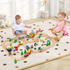 Wooden train set with 78 pieces, featuring vehicles and figures, perfect for kids aged 18M+ for imaginative play.