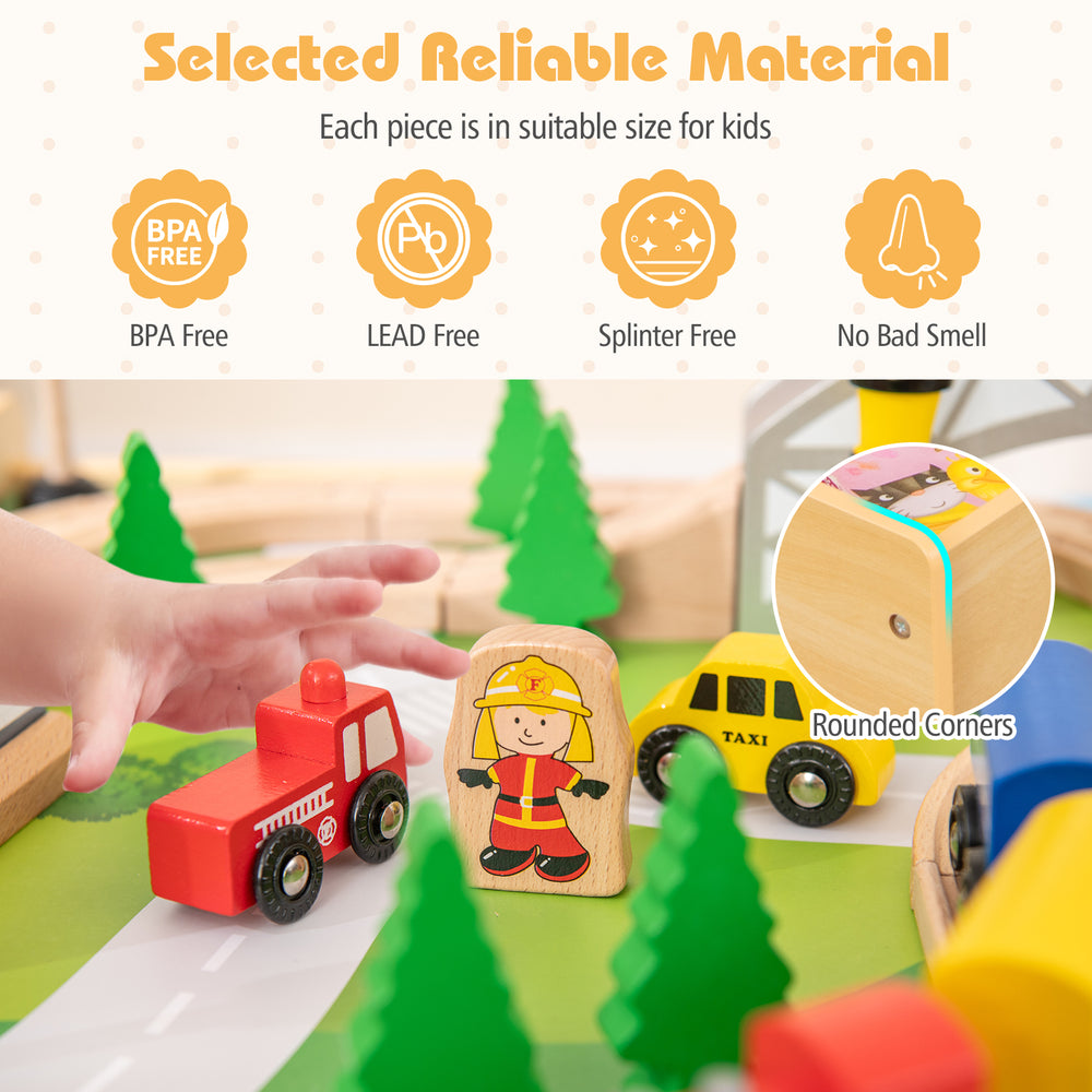 Wooden train set activity playset with 78 pieces, featuring rounded corners and BPA-free materials for kids aged 18M+.