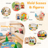 Wooden train set activity playset with figures, vehicles, and traffic signs for kids aged 18M+, promoting imaginative.