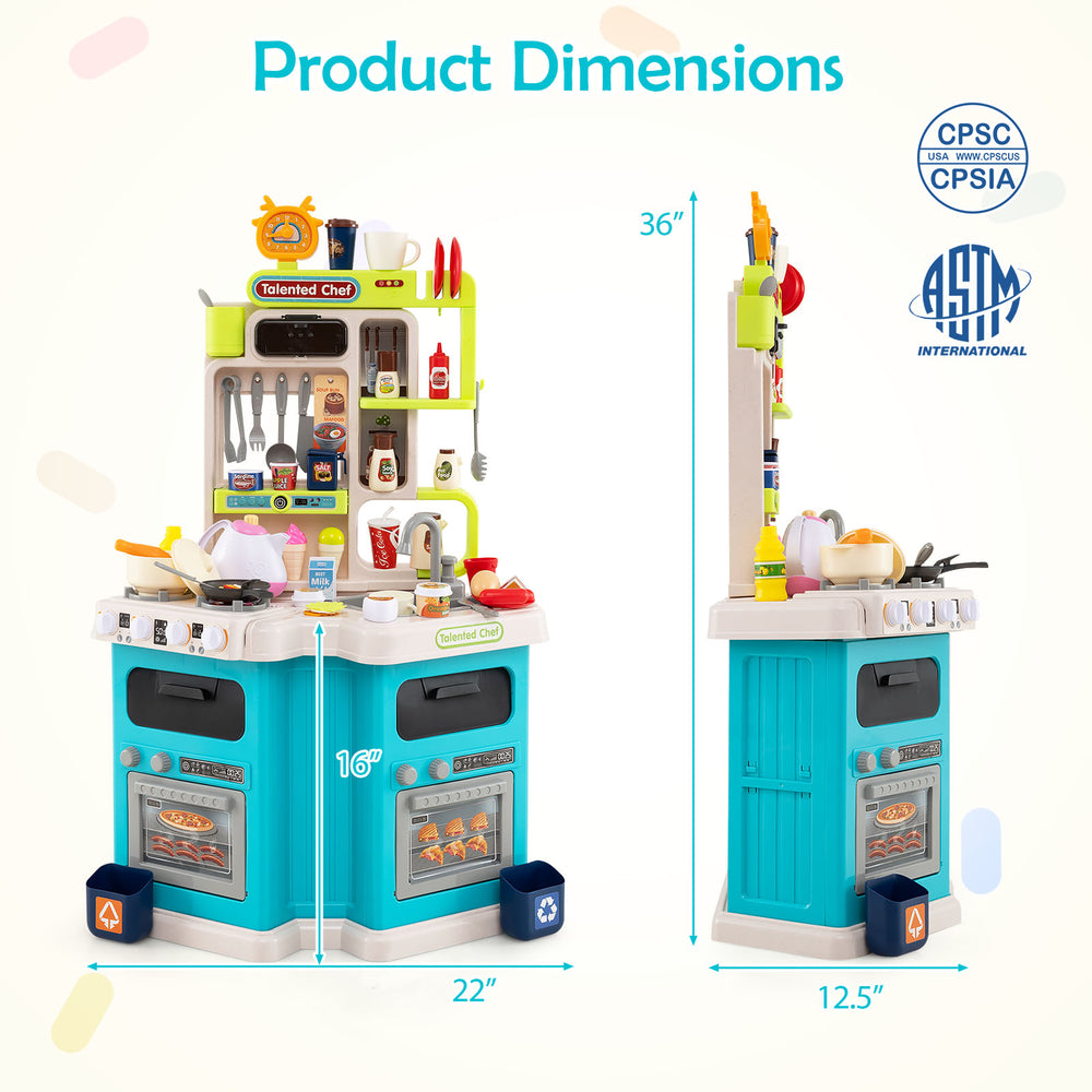 Kids Kitchen Playset in blue with realistic features, including a sink, oven, and storage for imaginative play.