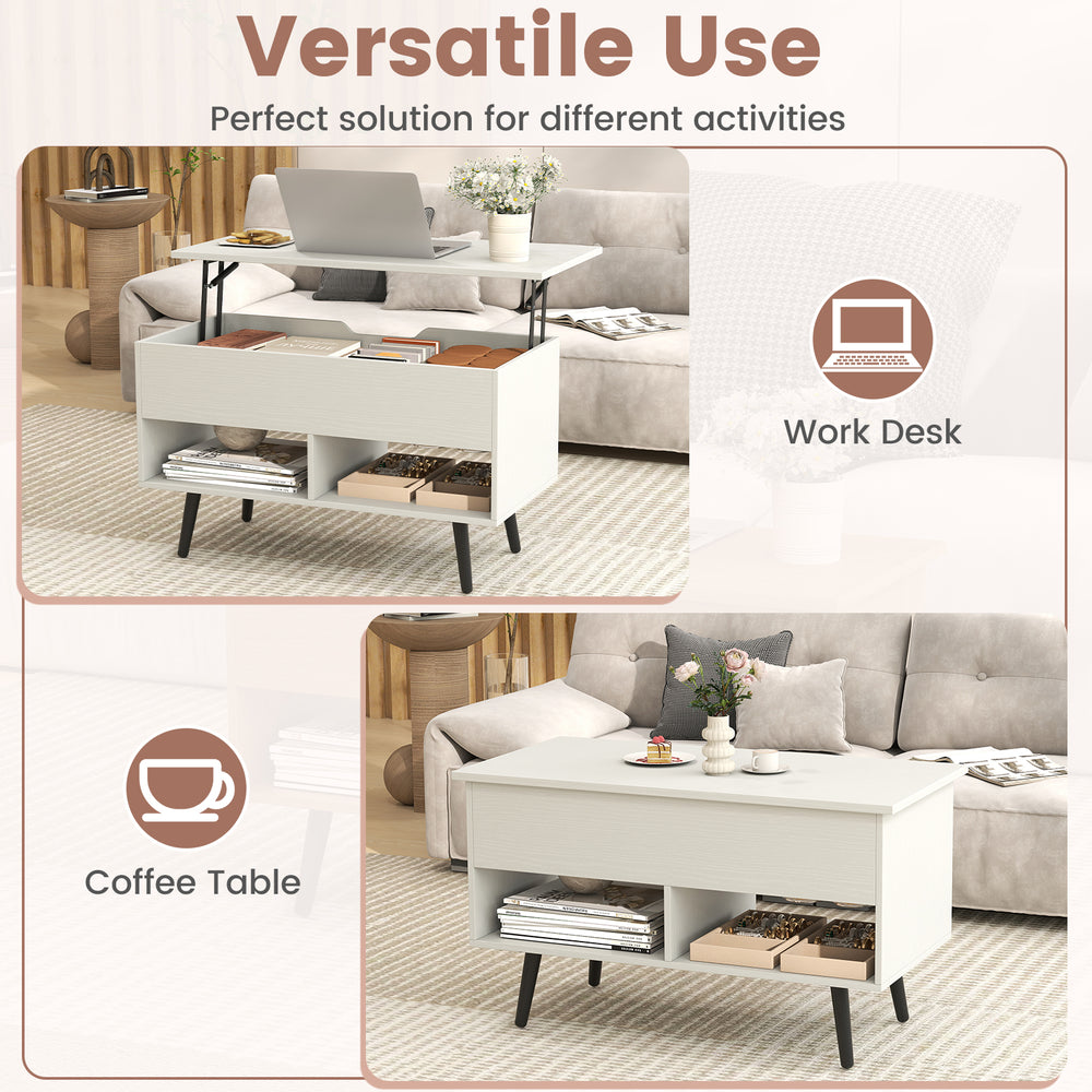 Lift-top coffee table in white with hidden storage and open shelves, ideal for versatile use as a work desk or coffee.