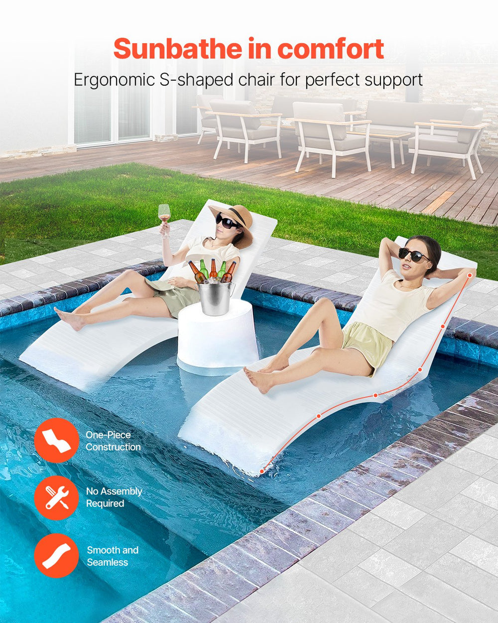 Vevor Lounge Chairs 2 PCS In-Pool Chaise Ergonomic Design 440.9 Lbs Capacity New