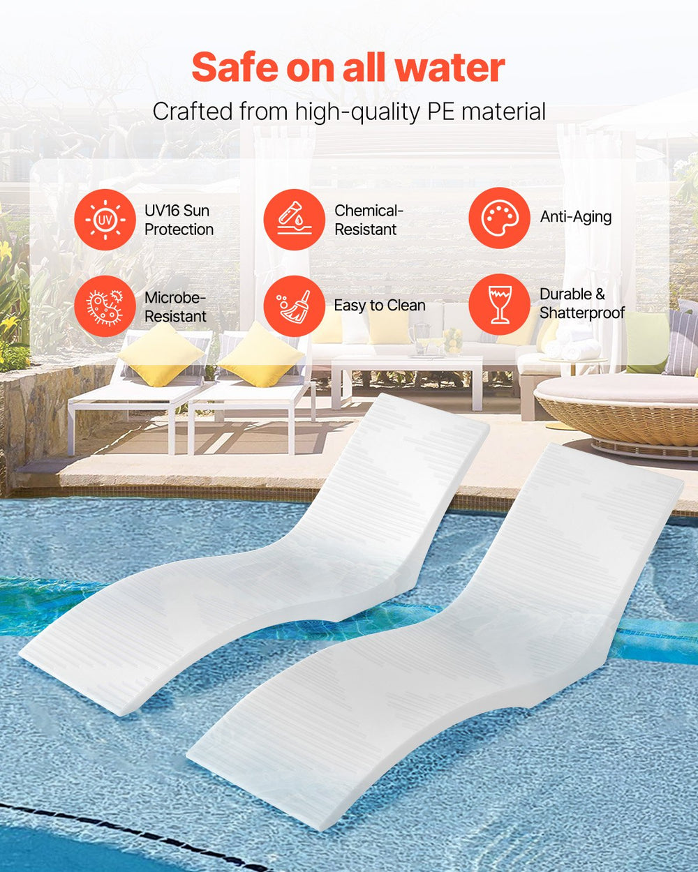 Vevor Lounge Chairs 2 PCS In-Pool Chaise Ergonomic Design 440.9 Lbs Capacity New