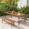 79-inch outdoor dining table with acacia wood slatted top, seating 8, featuring a 1.9-inch umbrella hole for patio use.