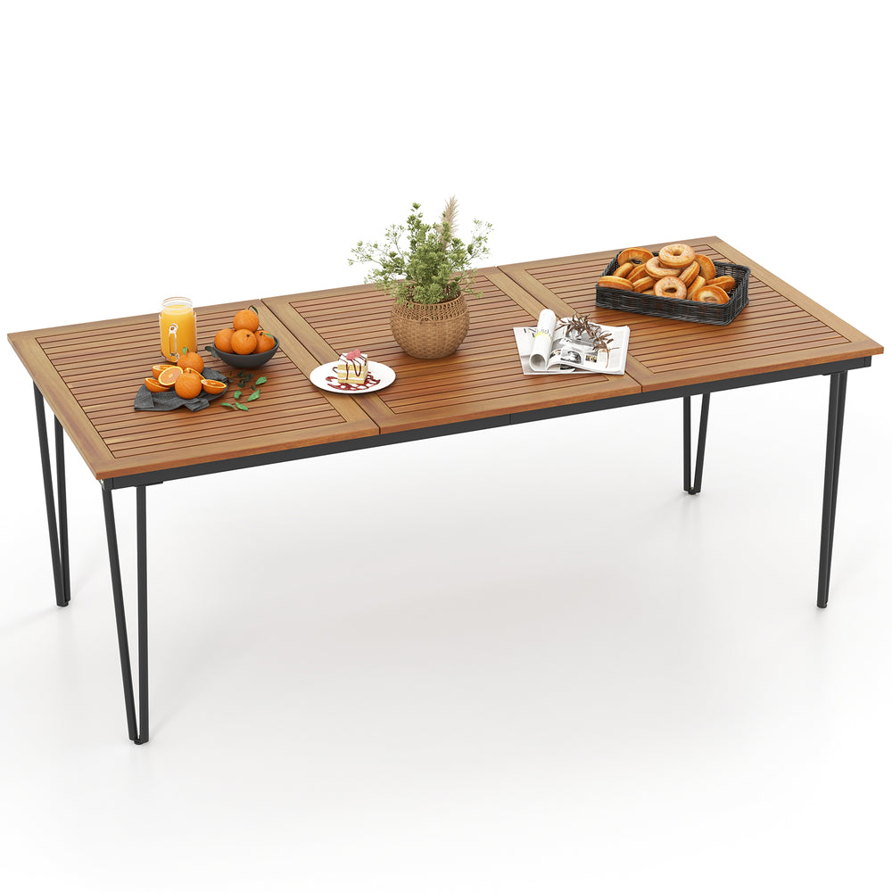 79-inch outdoor dining table with acacia wood slatted top, designed for 8 people, featuring a 1.9-inch umbrella hole.