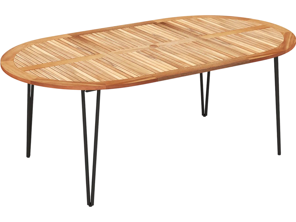 79 Inch Oval Patio Dining Table with Umbrella Hole and Acacia Wood Tabletop for 8 People