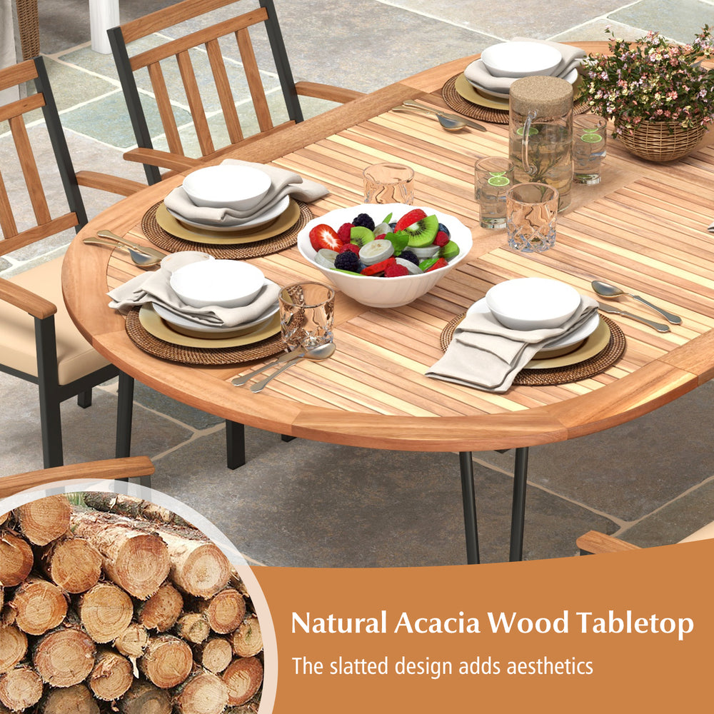 79-inch oval patio dining table with acacia wood tabletop, designed for 8 people, ideal for outdoor gatherings.