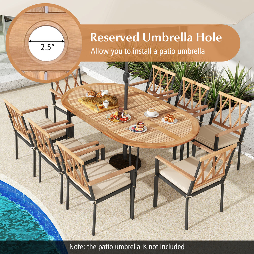 79-inch oval patio dining table with acacia wood tabletop and umbrella hole, perfect for 8 people, ideal for outdoor.