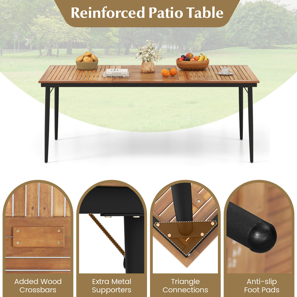 79-inch acacia wood outdoor dining table for 8 with umbrella hole, featuring reinforced structure and slatted design.