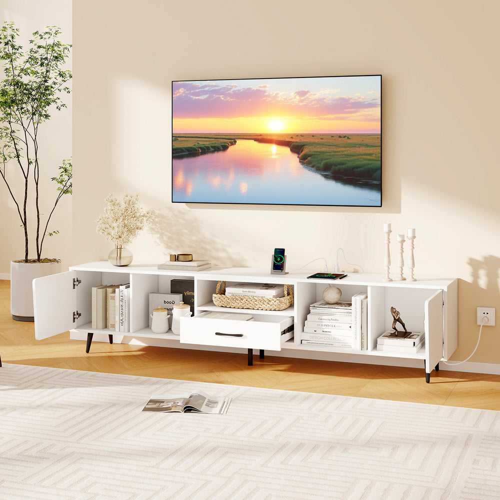 Stunning 79" white TV stand showcasing a spacious surface for large TVs, complemented by modern metal legs for stylish.