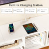 79" white TV stand with built-in charging station, featuring 2 AC outlets, USB ports, and ample storage space.