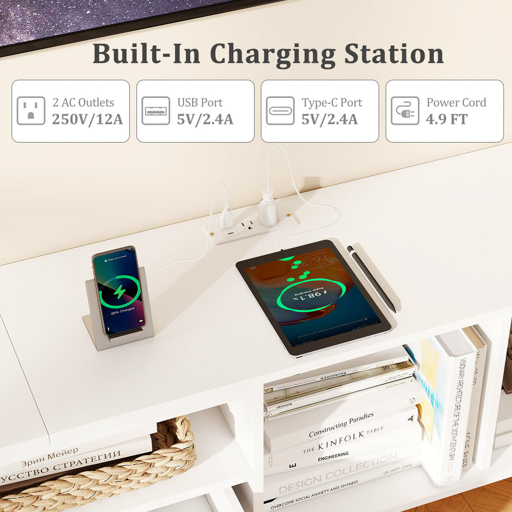 79" white TV stand with built-in charging station, featuring 2 AC outlets, USB ports, and ample storage space.
