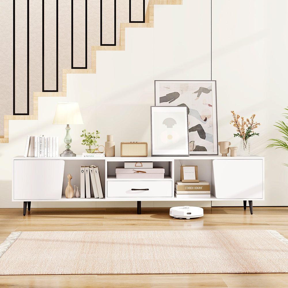 Modern 79" white TV stand with storage compartments, drawer, and charging station for TVs up to 90 inches.