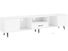 Modern 79" white TV stand with storage cabinets, drawer, and built-in charging station for TVs up to 90 inches.
