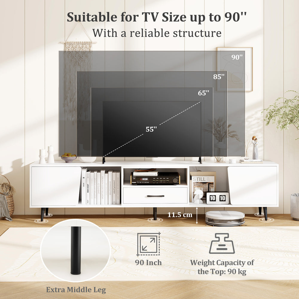 79" TV stand in white for TVs up to 90 inches, featuring storage cabinets and built-in charging station.