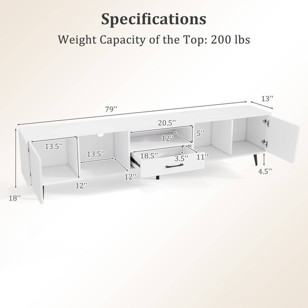 Detailed specifications of the 79" white TV stand with storage compartments and cable management features.