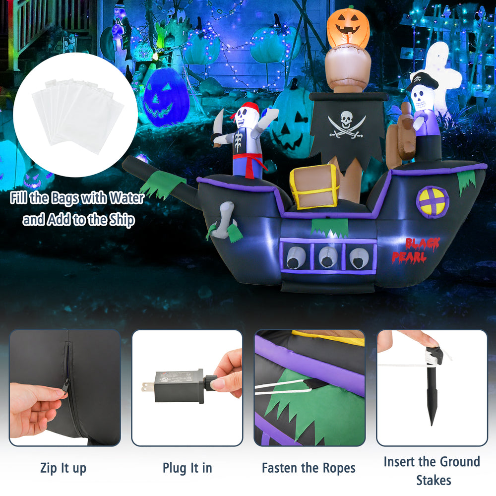7-foot Halloween inflatable pirate ship with LED lights, featuring vivid details and waterproof fabric for outdoor use.