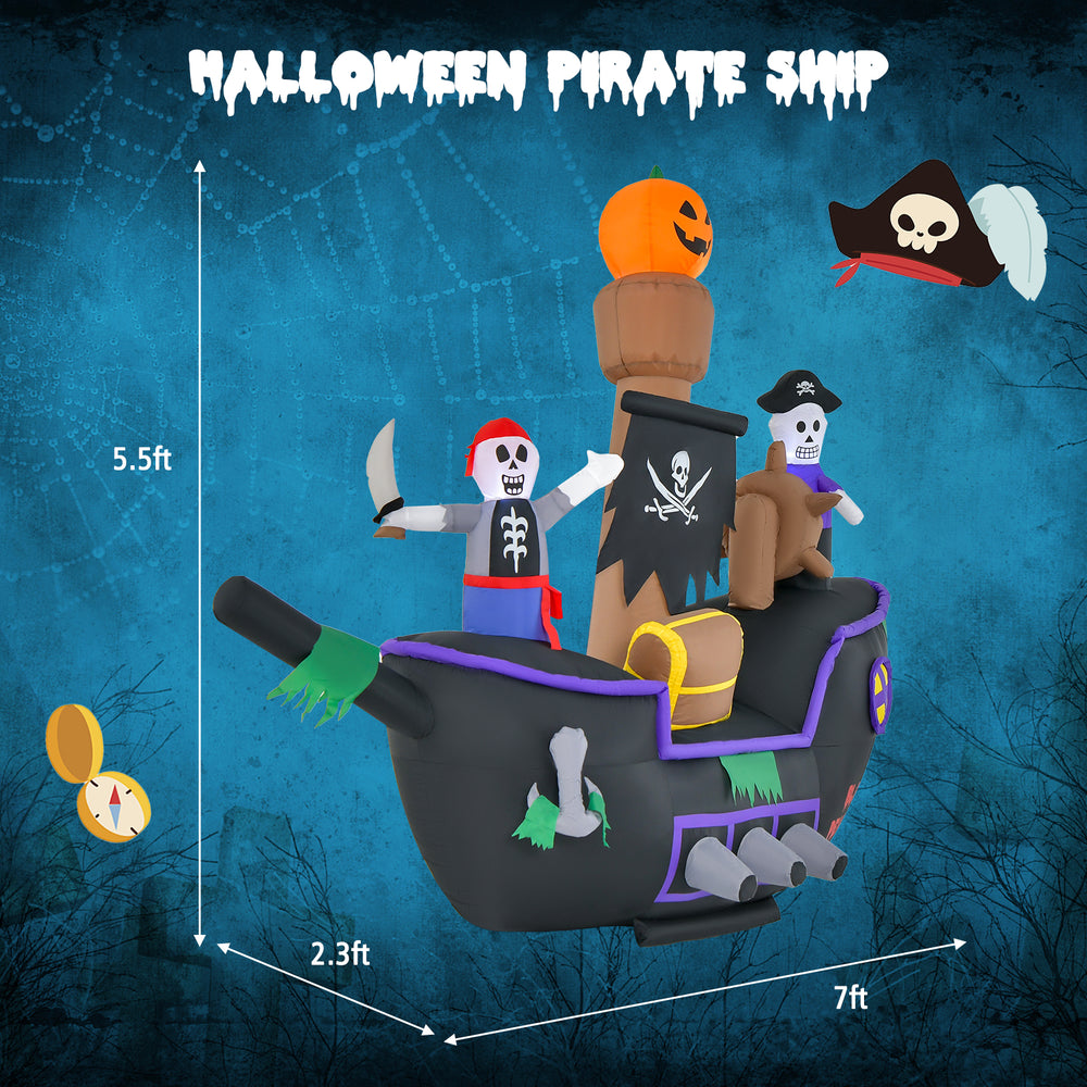 Inflatable Halloween pirate ship, 7ft long with LED lights, featuring vivid details and durable waterproof fabric.