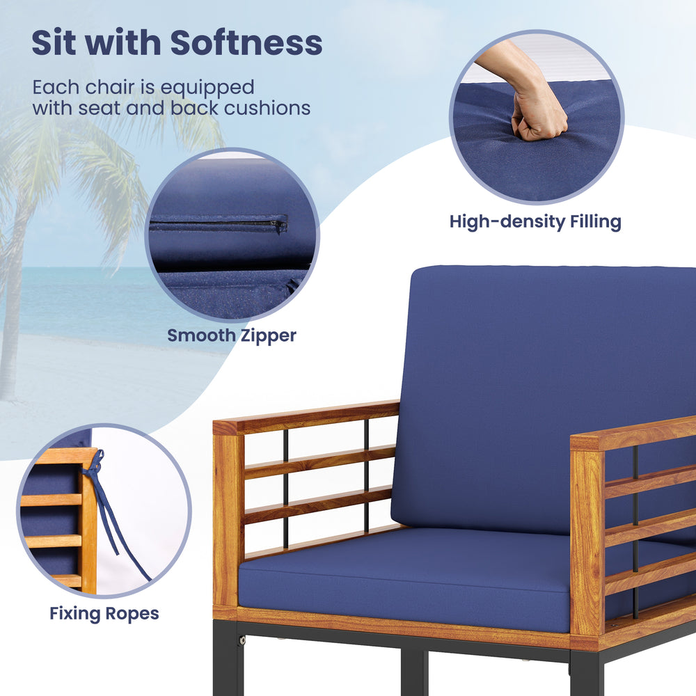Navy seat and back cushions with smooth zippers on an acacia wood dining chair for outdoor relaxation.