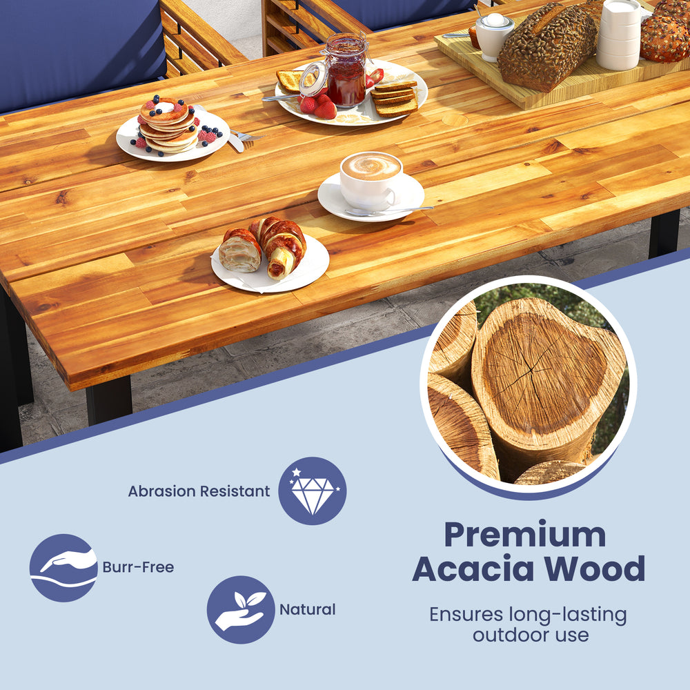 Acacia wood dining table with heavy-duty metal frame, perfect for outdoor use in backyard or poolside settings.