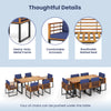 7-piece patio dining set featuring acacia wood table and navy cushioned chairs, perfect for backyard and poolside use.