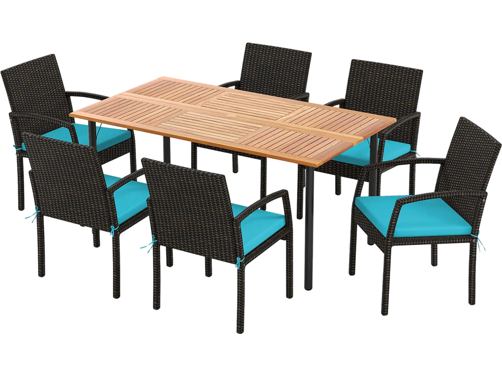 7 Pieces Outdoor Dining Set Acacia Wood Table with Umbrella Hole and Cushions