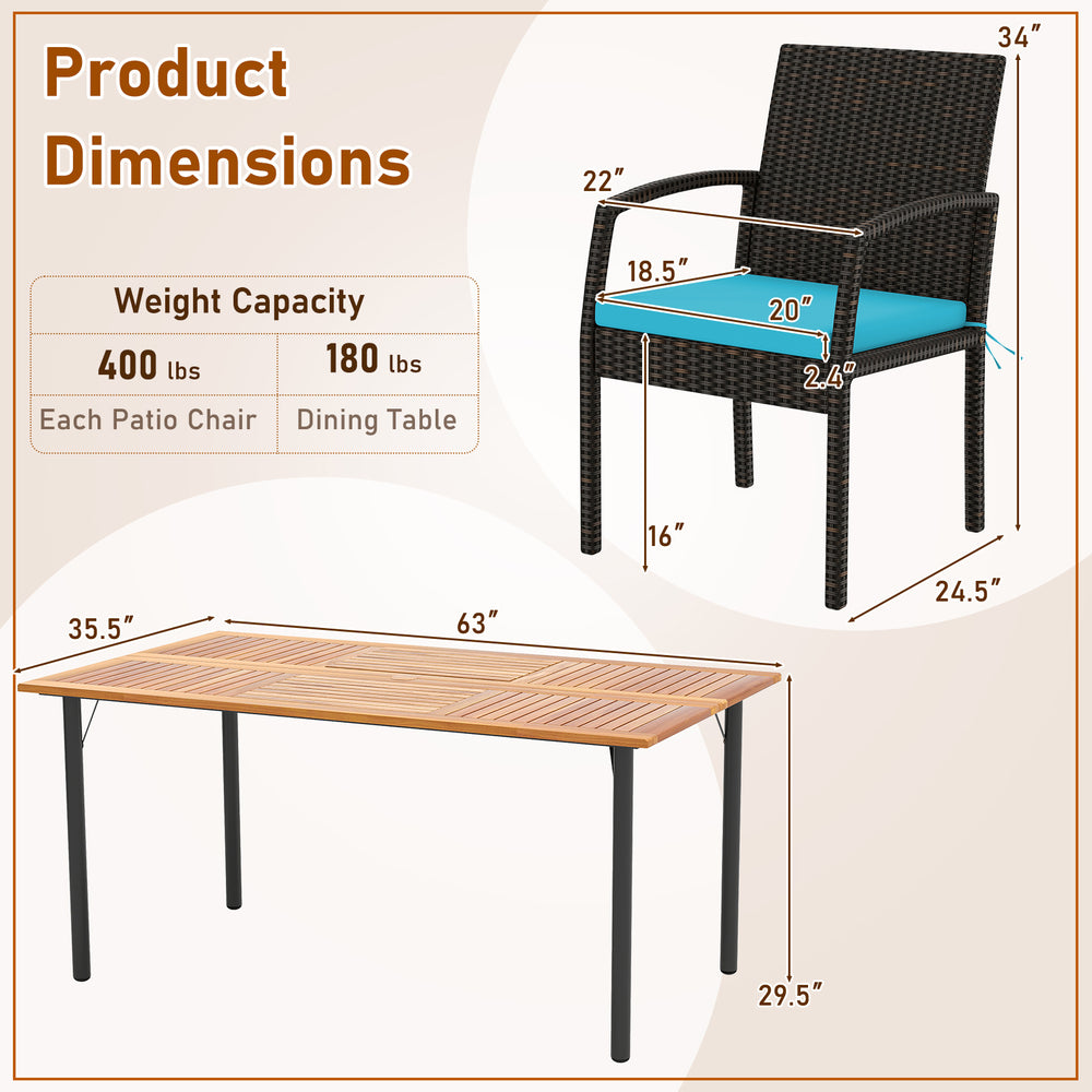 Dimensions of the 7-piece outdoor dining set featuring a 63" acacia wood table and a chair with turquoise cushion.