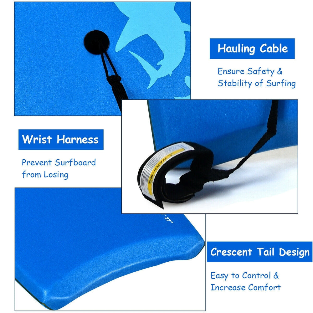 Lightweight bodyboard with EPS core, XPE deck, and crescent tail design for enhanced comfort and stability in surfing.