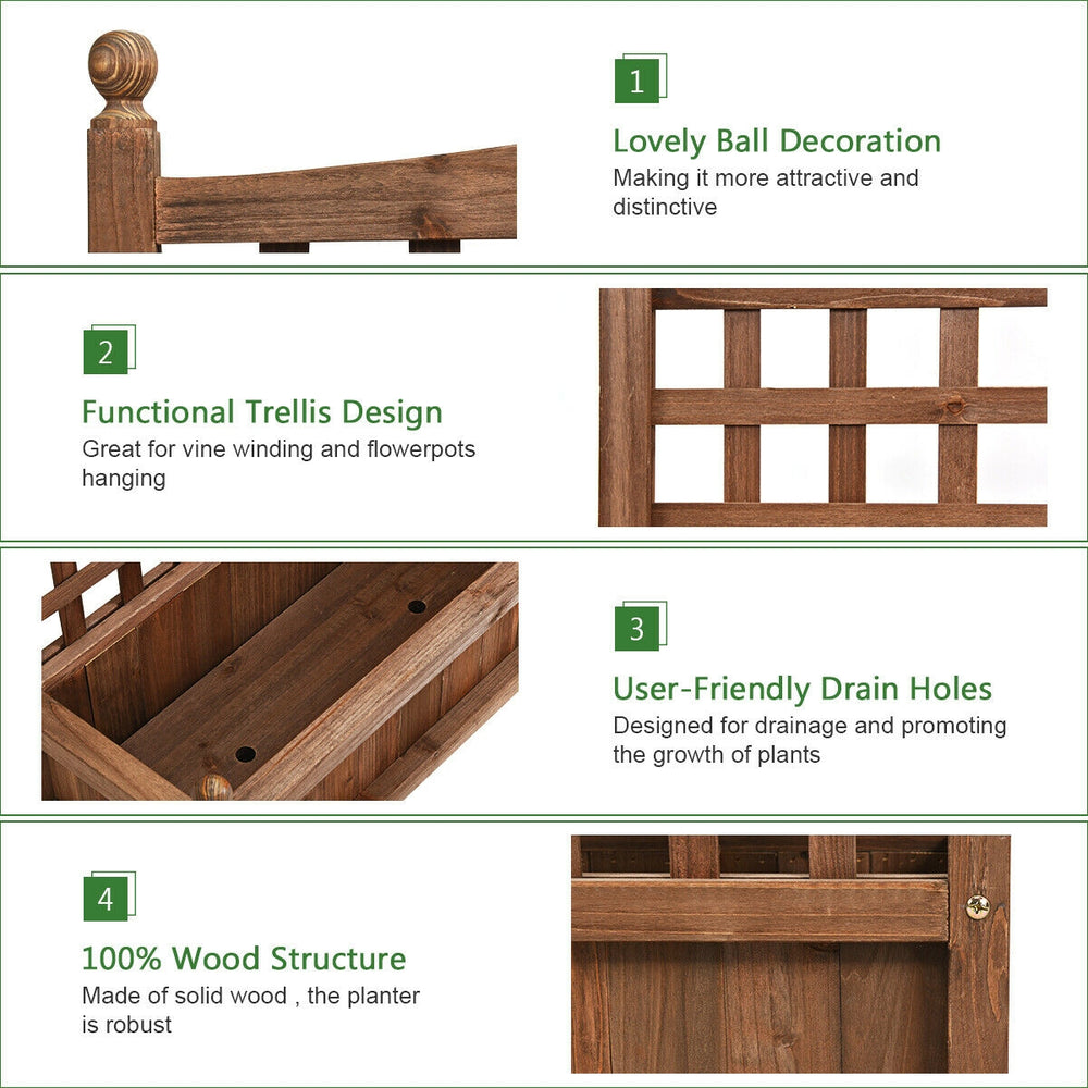 Wood planter box with trellis, made of 100% solid wood, designed for outdoor use in gardens and balconies.