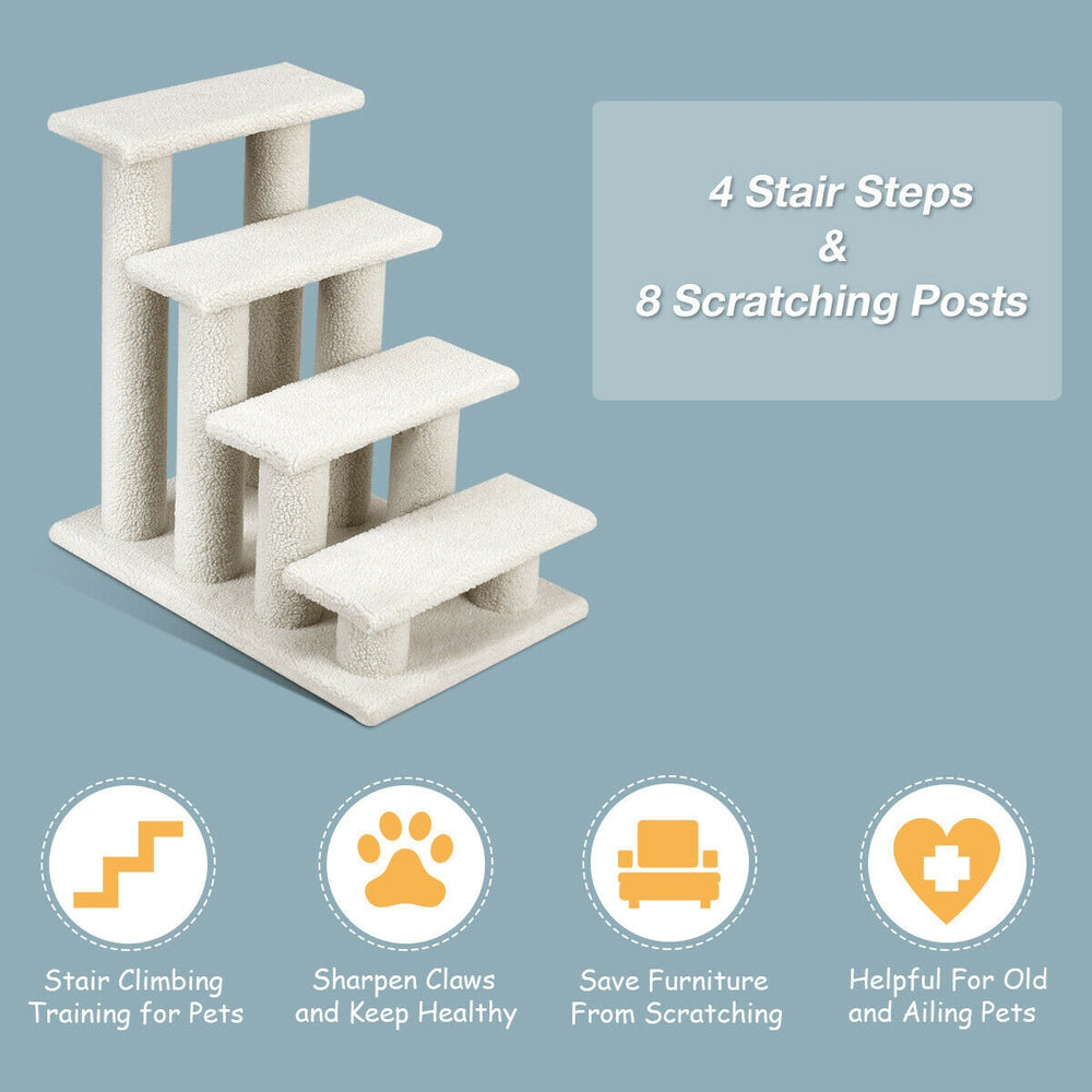 4-step beige pet stairs with 8 scratching posts, made of durable particle board, ideal for cats to climb and scratch.