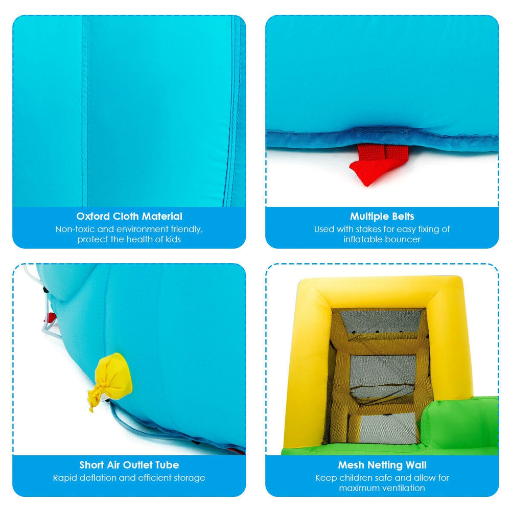 Inflatable water park bounce house features a climbing wall, double slides, and mesh walls for safety and ventilation.