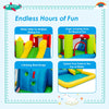 Colorful inflatable bounce house with climbing wall and splash pool, designed for safe outdoor fun in gardens and parks.
