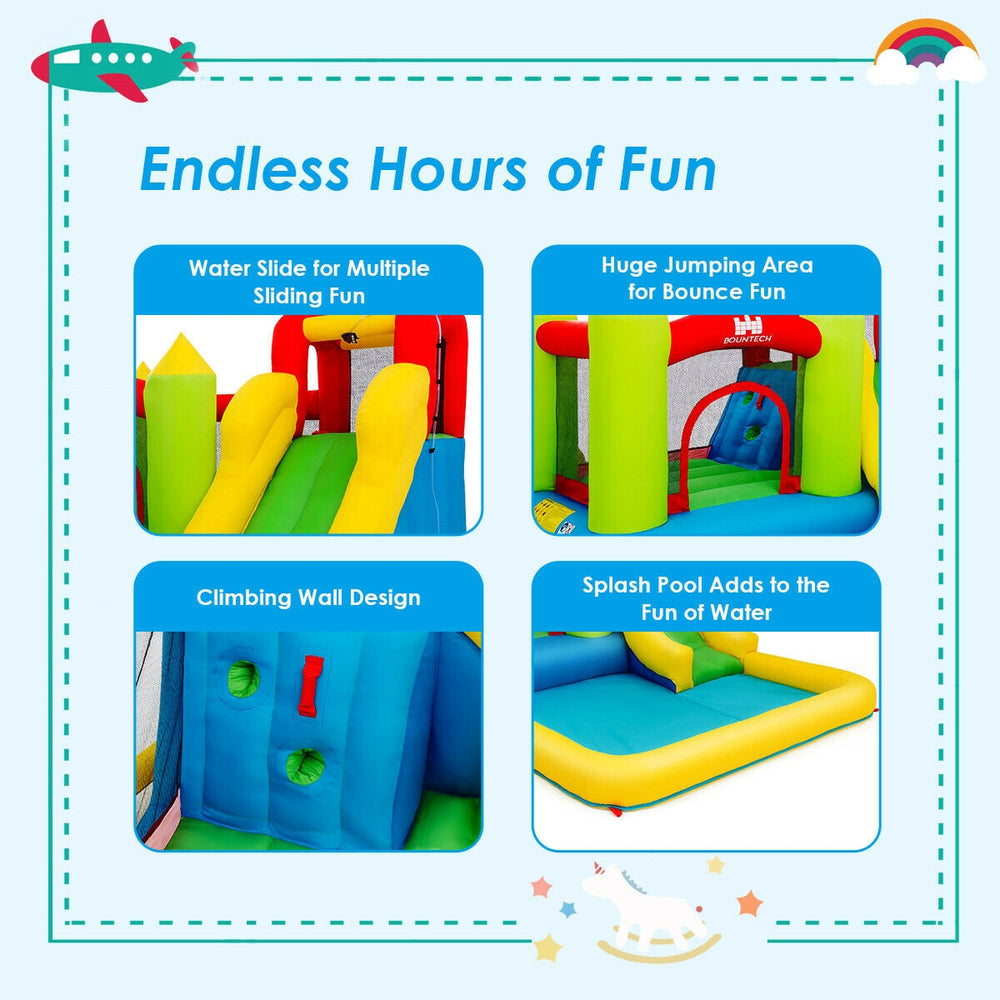 Colorful inflatable bounce house with climbing wall and splash pool, designed for safe outdoor fun in gardens and parks.